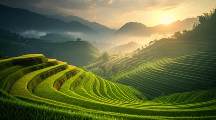 Fotobehang rice field curve terraces at sunrise time, natural background of nature, rice paddy field at sunrise with fog © Fokke Baarssen