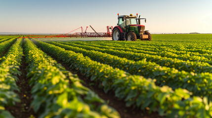 Fototapeta premium Farmer Tractor spraying pesticides in soybean field during springtime