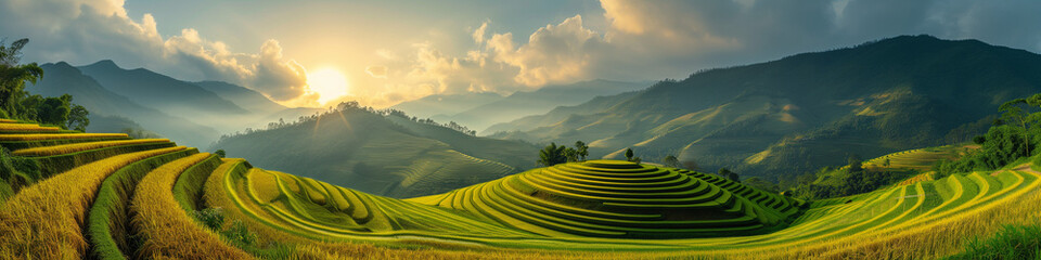 rice field curve terraces at sunrise time, the natural background of nature Asia, rice paddy field in the mountain with fog at sunrise