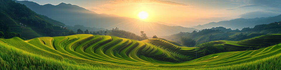 rice field curve terraces at sunrise time in Asia, natural background of nature