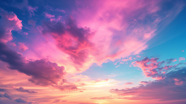 Real majestic sunrise sundown sky background with gentle colorful clouds without birds