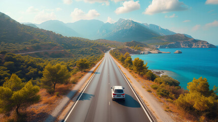car driving on the road of Europe. road landscape in summer. beachside highway. Highway view on the coast on the way to summer vacation. Turkey trip on beautiful travel road - obrazy, fototapety, plakaty