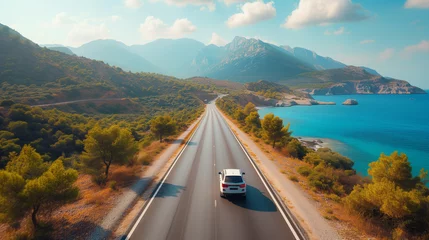 Gordijnen car driving on the road of Europe. road landscape in summer. beachside highway. Highway view on the coast on the way to summer vacation. Turkey trip on beautiful travel road © Fokke Baarssen