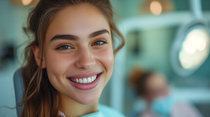 woman check smile after teeth cleaning, braces, and dental consultation. Healthcare, dentistry, and a happy female patient with orthodontist for oral hygiene, wellness and cleaning - obrazy, fototapety, plakaty