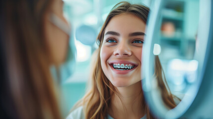 a young woman checks her smile after teeth cleaning, braces, and dental consultation. Healthcare, dentistry, and a happy female patient with orthodontist for oral hygiene, wellness and cleaning - obrazy, fototapety, plakaty
