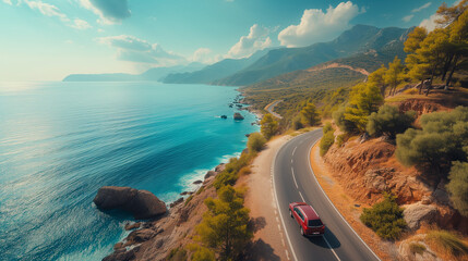 car driving on the road of Europe. road landscape in summer. it's nice to drive on the beachside highway. Highway view on the coast on the way to summer vacation. Turkey trip on beautiful travel road