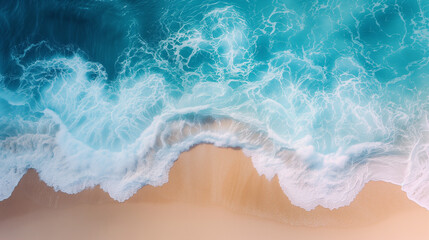 Drone top view at a tropical beach with a bleu ocean, Overhead photo of crashing waves on the shoreline beach. Tropical beach surf. A - obrazy, fototapety, plakaty
