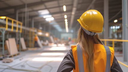 A female supervisor observes the construction process inside an industrial building under renovation. Teamwork, collaboration and coordination in an infrastructure project, work in progress. - obrazy, fototapety, plakaty