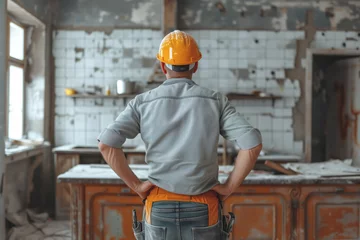 Tuinposter A construction worker mason stands on the brink of a new challenge: the renovation of a kitchen in a house, a new project that will soon transform the space and fill his clients with excitement © SnapVault