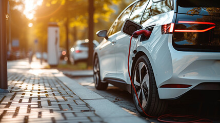 Electric vehicle charging battery in the city, white EV car charging battery at sunset, electric car at city street
