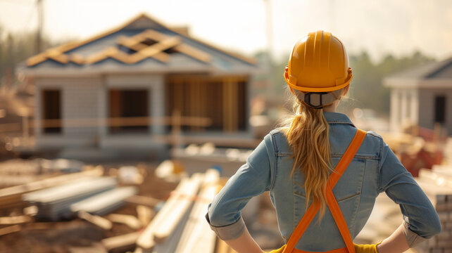 A young female architect observes the construction process of a single-family residential complex. Planning and strategy in the execution of urban projects.