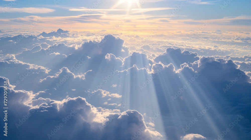 Poster sun rays slice through long thin layers of cirrostratus clouds.