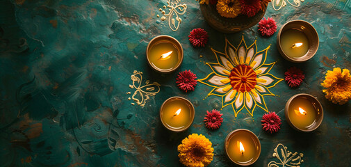 Indian ornamental design of Rangoli pattern in orange color with candles on green background. Ugadi or Gudi Padwa celebration. Indian festival of Diwali. Hindu New Year. Religion and ethnic concept - obrazy, fototapety, plakaty