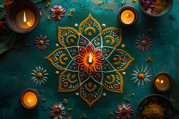 Indian ornamental design of Rangoli pattern in orange color with candles on green background. Ugadi or Gudi Padwa celebration. Indian festival of Diwali. Hindu New Year. Religion and ethnic concept