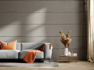 Mockup concrete wall in loft style house with sofa and accessories in the room