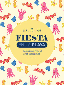 Plantilla invitaci&oacute;n fiesta en la playa con fondo de animales del mar. Vector