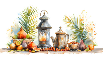 Watercolor painting of a traditional ramadan lantern and iftar food on a white background. Perfect for cultural and religious events. - obrazy, fototapety, plakaty