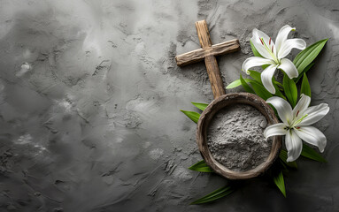 Wooden cross, ashes bow, and lily flowers branch on concrete stone background. Faith, liturgy, funeral, .cremation, religious ceremonycremation, religious ceremony - 729706629