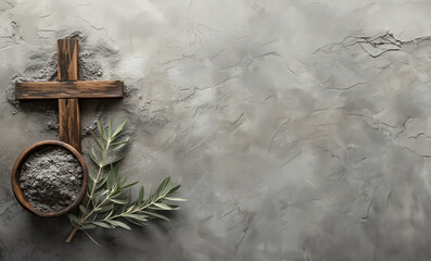 Wooden cross, ashes and olive branch on concrete stone background. Funeral, cremation, liturgy, religious ceremony concept - obrazy, fototapety, plakaty