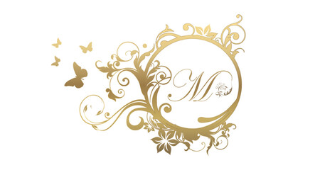 golden floral ornament with letter M
