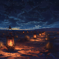 Old oil lamps glowing in the desert night, creating a warm and atmospheric atmosphere.