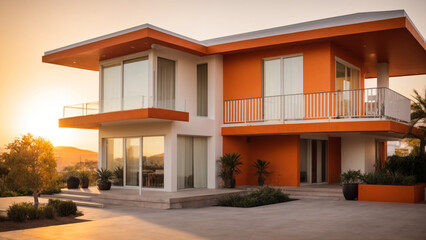 Vibrant Spanish Architecture: Modern Details of an Orange House During Sunset

