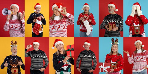 Man and woman in Christmas sweaters on color backgrounds, set of photos