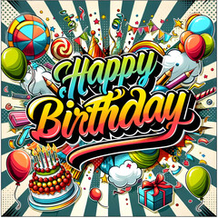a colorful and festive illustration with the words "Happy Birthday" written in the center in bold, stylized cursive and block lettering with a 3D shadow effect