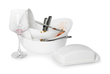 Set of dirty dishes isolated on white