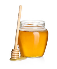 Tasty honey in glass jar and dipper isolated on white