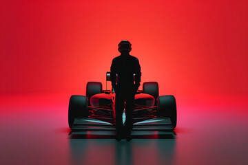 Formula 1 pilot, standing in front of an isolared F1 car in Red, Fuschia studio.