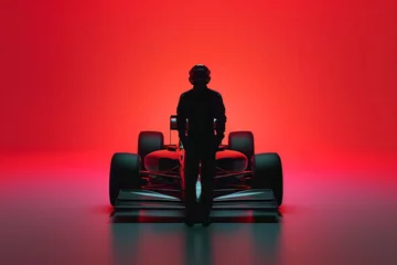 Poster Formula 1 pilot, standing in front of an isolared F1 car in Red, Fuschia studio. © Noize