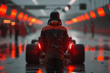 Gartenposter Formula 1 pilot, standing in front of a F1 car. © Noize