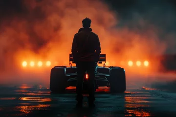 Foto op Canvas Formula 1 pilot, standing in front of a F1 car in night. Fog and volumetric lights. © Noize