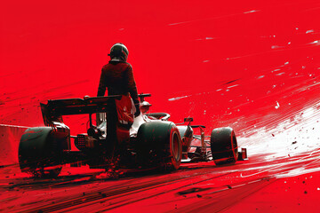 Formula 1 pilot illustration with F1 Car. Red.