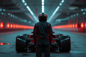 Formula 1 pilot, standing in front of a F1 car.