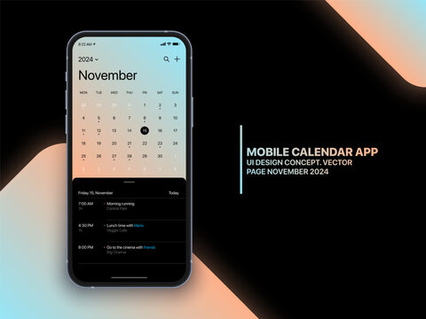 Mobile App Calendar November 2024 Page with To Do List and Tasks Vector UI UX Design Concept on Isolated Photo Realistic Smart Phone Screen Mockup. Smartphone Business Planner Application Template