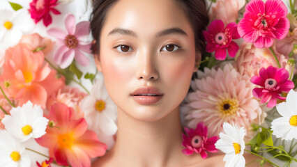 Radiant Beauty in Bloom Asian Woman Surrounded by Botanical - 729708600