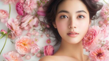 Radiant Beauty in Bloom Asian Woman Surrounded by Botanical