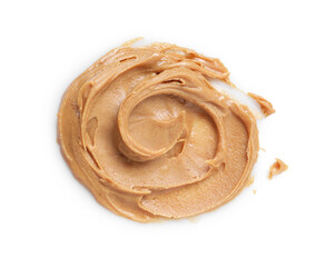 Tasty nut butter isolated on white, top view