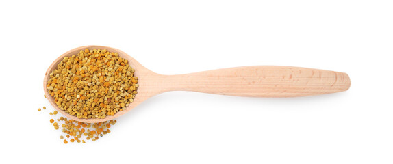 Spoon with fresh bee pollen granules isolated on white, top view