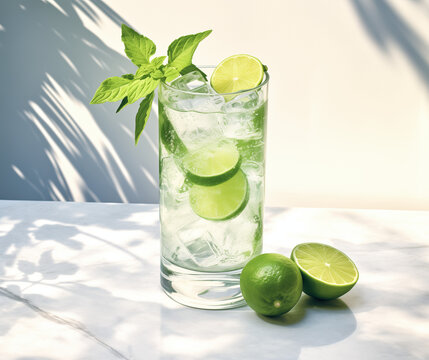 Glass of vodka with ice cubes and lime wedges on the white background. Alcoholic drink