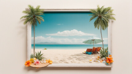 Summer Beach Day Scene with Sand Background and Paper Props