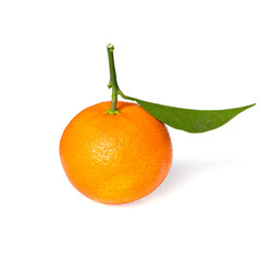 Fresh ripe juicy tangerine with green leaf isolated on white