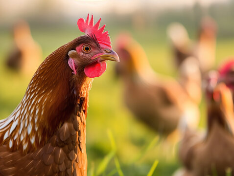 Hen in the farm. Promotional materials with chickens. Utilizing poultry health images