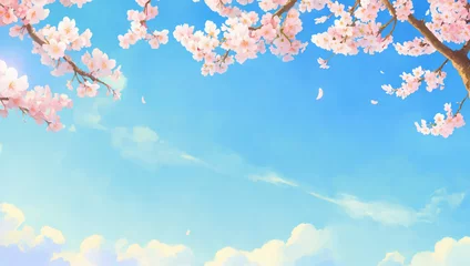 Foto op Plexiglas 満開の桜と青空の背景フレームイラスト © ricorico