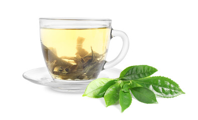 Green tea in glass cup and green leaves isolated on white