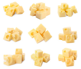 Fresh cheese isolated on white, set of pieces