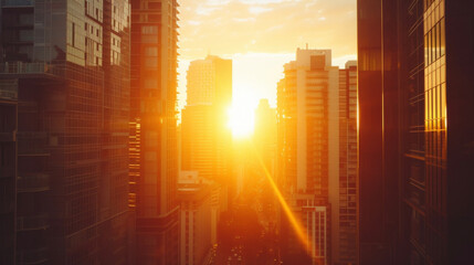 The sun peeking between buildings creating a breathtaking urban sunrise.