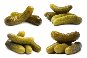 Tasty pickled cucumbers isolated on white, set